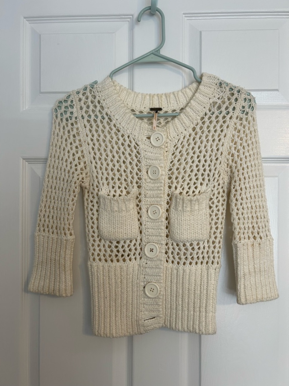 Free People Cream Open-Knit Button-Front Sweater Cardigan